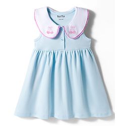 Bonfino 100% Cotton Knit Sleeveless Peter Pan Collar Frock with Cherry Embroidery - Light Blue