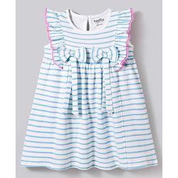Bonfino 100% Cotton Knit Sleeveless Striped Frock With Bow Applique - Light Blue