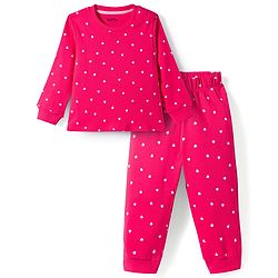 Bonfino 100% Cotton Knit Half Sleeves Co-ords T-Shirt & Pajama Night Suit with Heart Print - Dark Pink