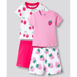 Bonfino 100% Cotton Knit Half Sleeves Fruit Printed T-Shirt & Shorts Night Suit Pack of 2 - Pink & White