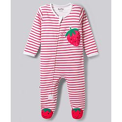 Bonfino 100% Cotton Knit Full Sleeves Striped & Strawberry Embroidered Sleepsuit - Pink