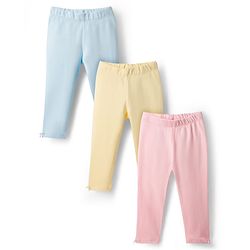 Bonfino Cotton Knit Full Length Solid Colour Leggings Pack Of 3 - Pink Yellow & Light Blue