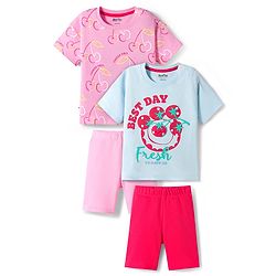 Bonfino 100% Cotton Knit Half Sleeves T-Shirts & Shorts Set with Fruit & Text Prints Pack of 2 - Pink & Blue