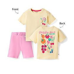 Bonfino 100% Cotton Knit Half Sleeves Oversized T-Shirt & Shorts Set with Front & Back Fruit Print with 3D Applique - Yellow & Pink
