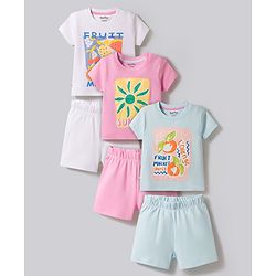 Bonfino 100% Cotton Knit Half Sleeves T-Shirts & Shorts Set With Fruit Print Pack of 3 - Multicolor