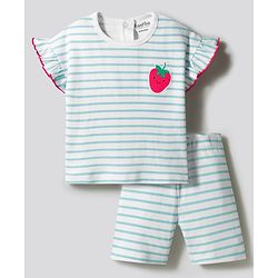 Bonfino 100% Cotton Knit Half Sleeves Striped T-Shirt & Shorts Set with Strawberry Patch-Light Blue
