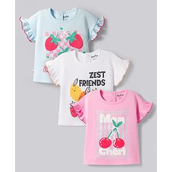 Bonfino 100% Cotton Knit Half Flutter Sleeves T-Shirts with Fruit  & Text Print Pack of 3 -Pink Blue & White