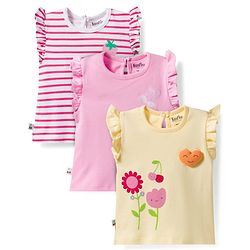 Bonfino 100% Cotton Knit Frill Sleeves Striped T-Shirts with Floral Print Pack of 3 - Multicolor