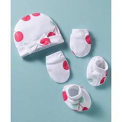 Bonfino 100% Cotton Knit Cap Mittens & Booties Set with Bow Applique & Cherry Print White - Diameter 11 cm