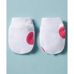 Bonfino 100% Cotton Knit Cap Mittens & Booties Set with Bow Applique & Cherry Print White - Diameter 11 cm