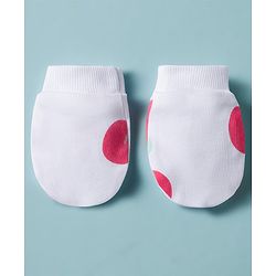 Bonfino 100% Cotton Knit Cap Mittens & Booties Set with Bow Applique & Cherry Print White - Diameter 11 cm