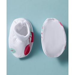 Bonfino 100% Cotton Knit Cap Mittens & Booties Set with Bow Applique & Cherry Print White - Diameter 11 cm