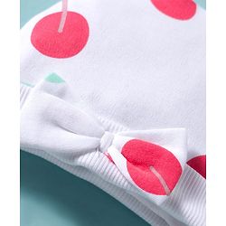 Bonfino 100% Cotton Knit Cap Mittens & Booties Set with Bow Applique & Cherry Print White - Diameter 11 cm