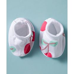 Bonfino 100% Cotton Knit Cap Mittens & Booties Set with Bow Applique & Cherry Print White - Diameter 11 cm