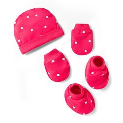 Bonfino 100% Cotton Knit Cap Mittens & Booties With Heart Print Dark Pink - Diameter 10.5 cm