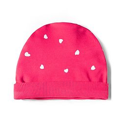 Bonfino 100% Cotton Knit Cap Mittens & Booties With Heart Print Dark Pink - Diameter 10.5 cm