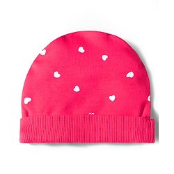 Bonfino 100% Cotton Knit Cap Mittens & Booties With Heart Print Dark Pink - Diameter 10.5 cm