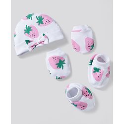 Bonfino 100% Cotton Knit Strawberry Printed Cap Mittens & Booties Set White - Diameter 11 cm