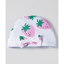 Bonfino 100% Cotton Knit Strawberry Printed Cap Mittens & Booties Set White - Diameter 11 cm