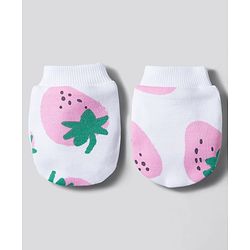 Bonfino 100% Cotton Knit Strawberry Printed Cap Mittens & Booties Set White - Diameter 11 cm