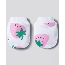 Bonfino 100% Cotton Knit Strawberry Printed Cap Mittens & Booties Set White - Diameter 11 cm