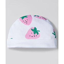 Bonfino 100% Cotton Knit Strawberry Printed Cap Mittens & Booties Set White - Diameter 11 cm