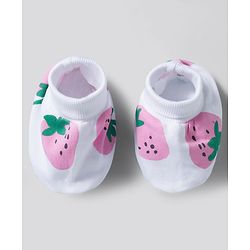 Bonfino 100% Cotton Knit Strawberry Printed Cap Mittens & Booties Set White - Diameter 11 cm