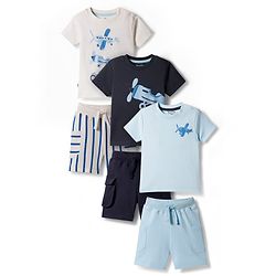 Bonfino 100% Cotton  Knit Half Sleeves T-Shirt & Cargo Shorts Set with Airplane Print Pack of 3 - Multicolor