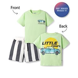 Bonfino 100% Cotton Knit  Drop Shoulder Half Sleeves Oversized T-Shirt & Shorts Set with Car Print - Green & White