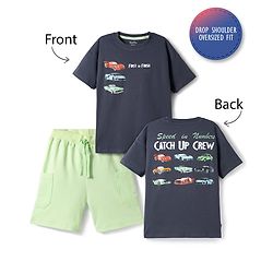 Bonfino 100% Cotton Knit Drop Shoulder Half Sleeves Oversized T-Shirt & Cargo Shorts Set with Front & Back Car Print - Grey & Green