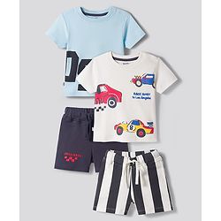 Bonfino 100% Cotton Half Sleeves Shorts Night Suit With Vehicle Print Pack Of 2 - White & Light Blue
