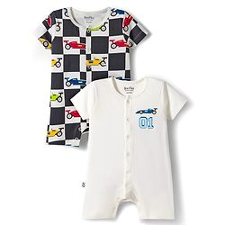 Bonfino 100% Cotton Knit Half Sleeve Car Printed Front Open Rompers Pack Of 2 - White
