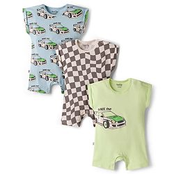 Bonfino 100% Cotton Knit Half Sleeves Racing Printed Rompers Pack Of 3 - Multicolor