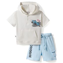 Bonfino 100% Cotton Knit Drop Shoulder Half Sleeves Oversized Hooded T-Shirt & Cargo Shorts Set with Racing Print - Light Blue & White