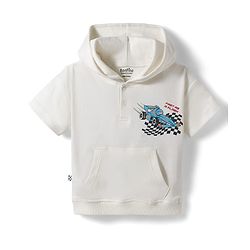 Bonfino 100% Cotton Knit Drop Shoulder Half Sleeves Oversized Hooded T-Shirt & Cargo Shorts Set with Racing Print - Light Blue & White