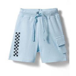 Bonfino 100% Cotton Knit Drop Shoulder Half Sleeves Oversized Hooded T-Shirt & Cargo Shorts Set with Racing Print - Light Blue & White