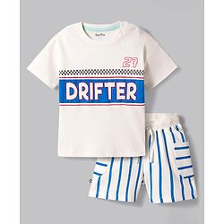 Bonfino 100% Cotton Knit Drop Shoulder Half Sleeves Oversized T-Shirt & Striped Cargo Shorts with Text Print - White