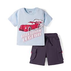 Bonfino 100% Cotton Knit Drop Shoulder Half Sleeves Oversized T-Shirt & Cargo Shorts Set With Car Print - Light Blue & Charcoal Grey
