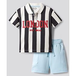Bonfino 100% Cotton Knit Drop Shoulder Half Sleeves Oversized Striped Polo T-Shirt & Cargo Shorts Set with London Print - Light Blue & White