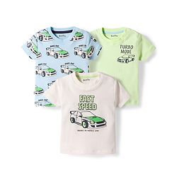 Bonfino 100% Cotton Knit Half Sleeve T-Shirts With Car Print Pack Of 3 - White Light Blue & Green