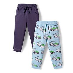 Bonfino 100% Cotton Knit Full Length Track Pant With Cargo Pocket & Vehicle Print Pack Of 2 - Navy Blue & Light Blue