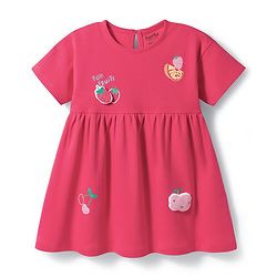 Bonfino 100% Cotton Knit Half Sleeves Tropical Theme Printed & Applique Frock - Dark Pink