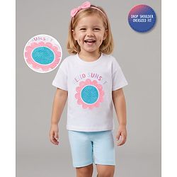 Bonfino 100% Cotton Knit Drop Shoulder Half Sleeves Oversized T-Shirt & Shorts Set With Floral 3D Applique - White