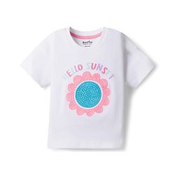 Bonfino 100% Cotton Knit Drop Shoulder Half Sleeves Oversized T-Shirt & Shorts Set With Floral 3D Applique - White