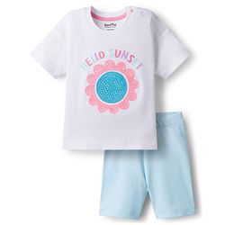 Bonfino 100% Cotton Knit Drop Shoulder Half Sleeves Oversized T-Shirt & Shorts Set With Floral 3D Applique - White