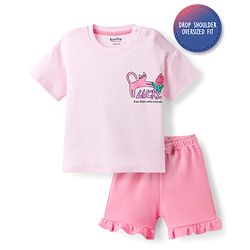 Bonfino 100% Cotton Knit Drop Shoulder Half Sleeves Oversized T-Shirt & Shorts Set With Kitty Print - Light Pink