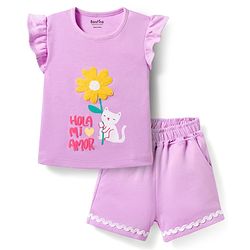 Bonfino 100% Cotton Knit Frill Sleeves T-Shirt & Shorts Set with Sequin Detailing & Kitty Print - Purple