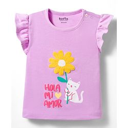 Bonfino 100% Cotton Knit Frill Sleeves T-Shirt & Shorts Set with Sequin Detailing & Kitty Print - Purple