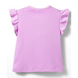 Bonfino 100% Cotton Knit Frill Sleeves T-Shirt & Shorts Set with Sequin Detailing & Kitty Print - Purple