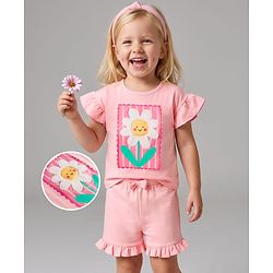 Bonfino 100% Cotton Knit Half Flutter Sleeves T-Shirt & Shorts Set With Floral Embroidery - Light Pink